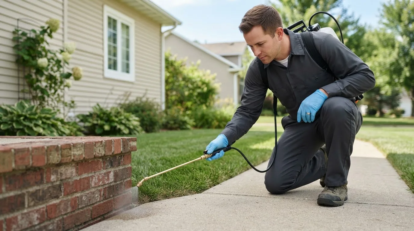 Pest control technician treating a home near Brighton, MA