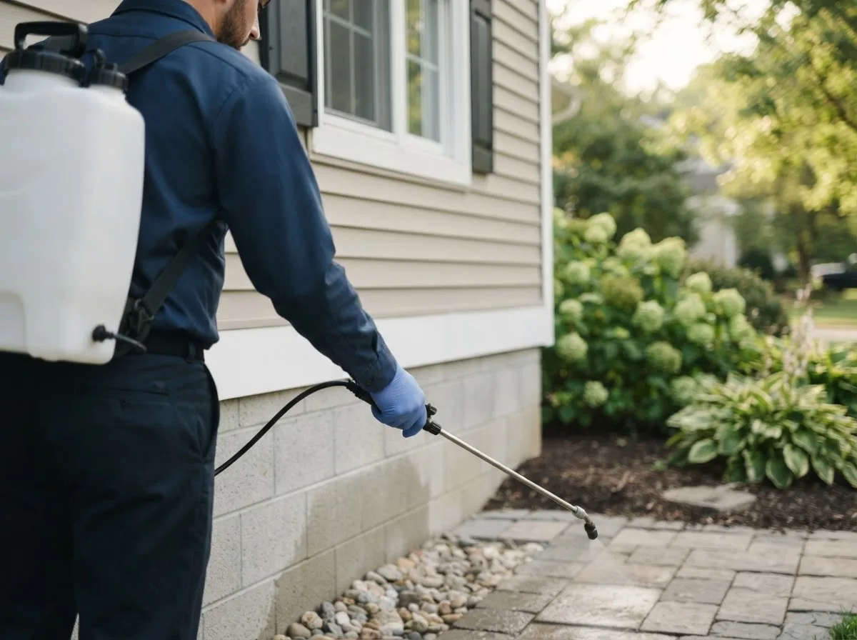 Pest control technician inspecting a home in Brighton, MA